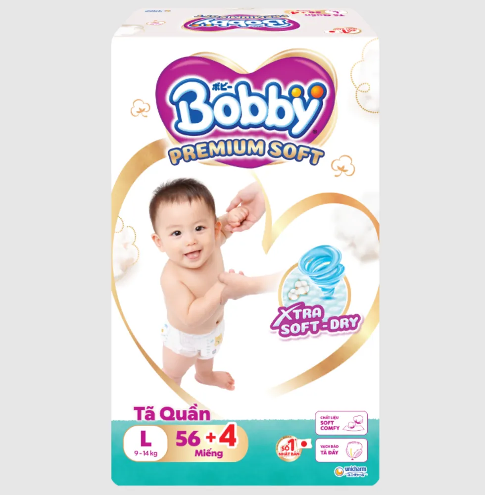 Bỉm/tã Bobby Việt Nam - Bỉm/tã Bobby Tã Quần - Premium Soft - L (9 - 14kg) - 56+4 miếng